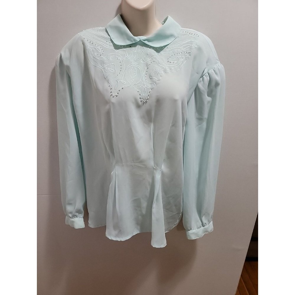 PM COLLECTION Pastel Aqua Embroidered Pearl Accents Blouse Size 22W